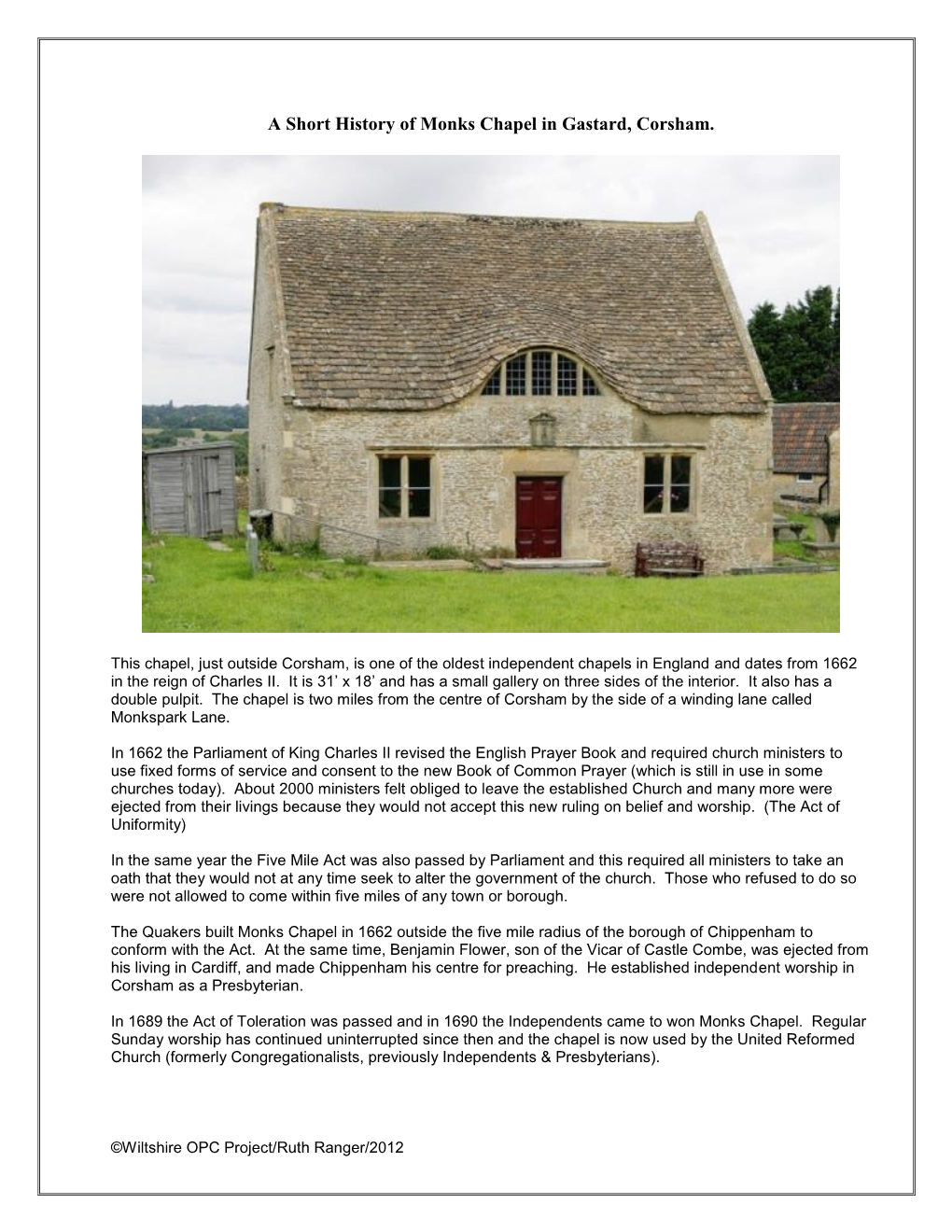 A Short History of Monks Chapel in Gastard, Corsham