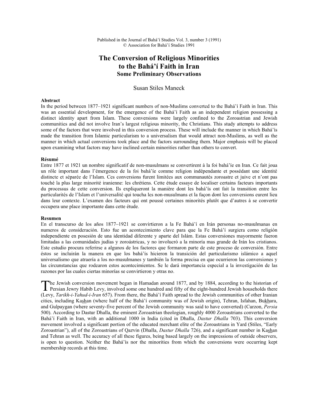 The Conversion of Religious Minorities to the Bahá’Í Faith in Iran Some Preliminary Observations