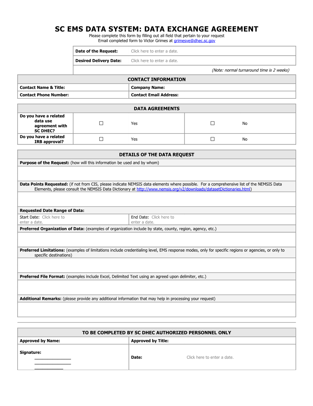 SC EMS Data System: Data Exchange Agreement