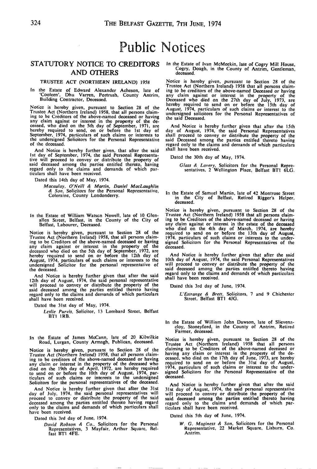 The Belfast Gazette, Vth June, 1974 Statutory Notice To