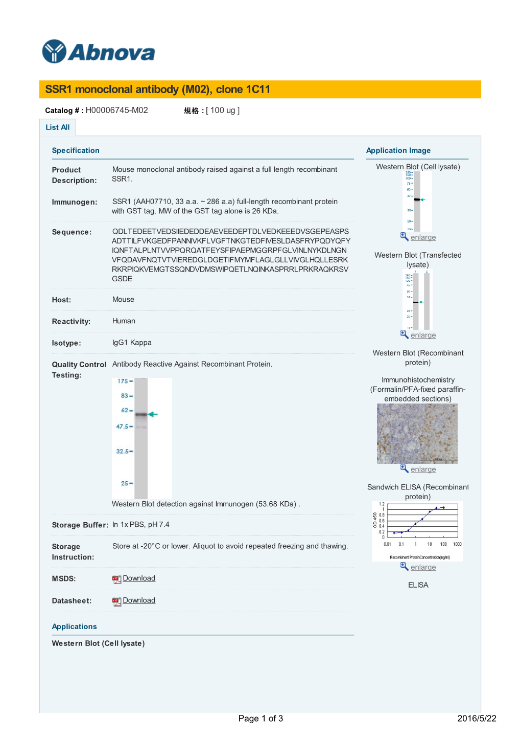 SSR1 Monoclonal Antibody (M02), Clone 1C11