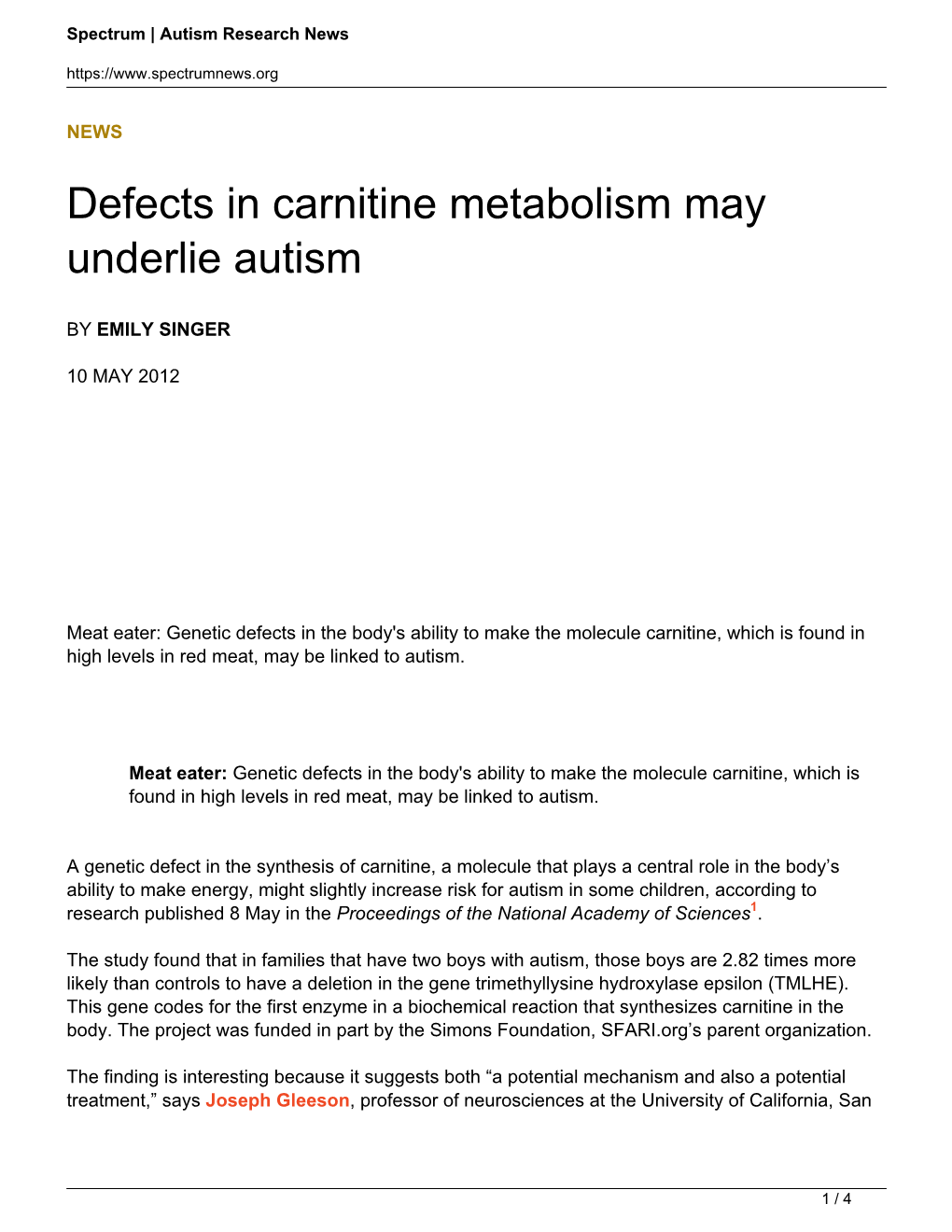 Defects in Carnitine Metabolism May Underlie Autism