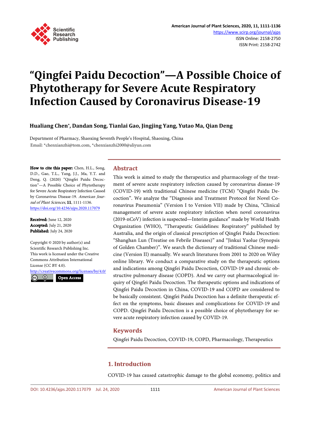 Qingfei Paidu Decoction”—A Possible Choice of Phytotherapy for Severe Acute Respiratory Infection Caused by Coronavirus Disease-19