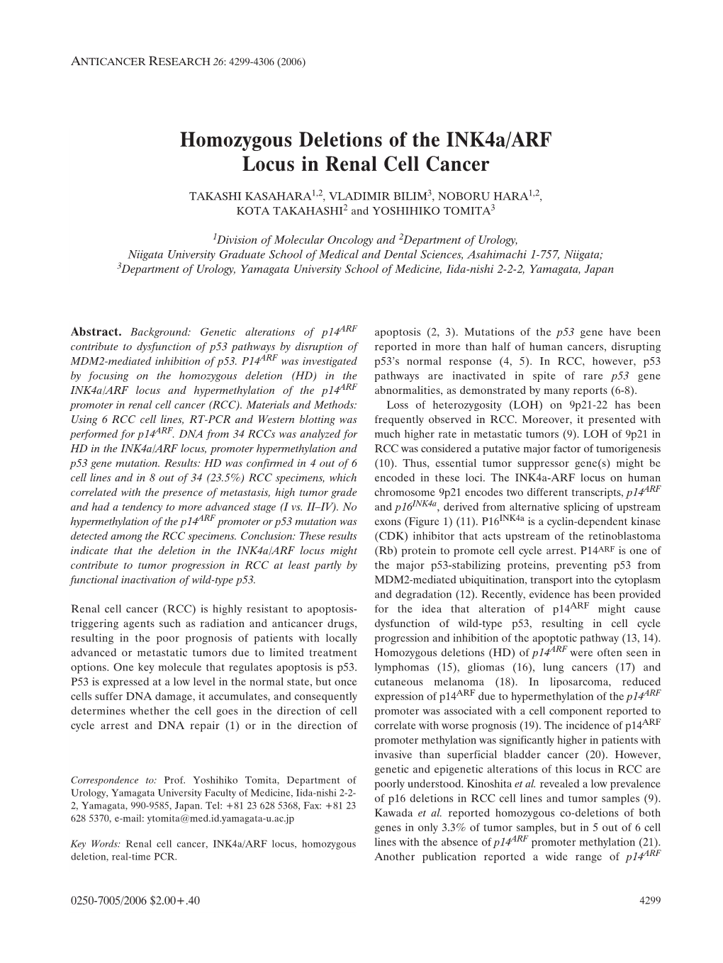 Homozygous Deletions of the Ink4a/ARF Locus in Renal Cell Cancer