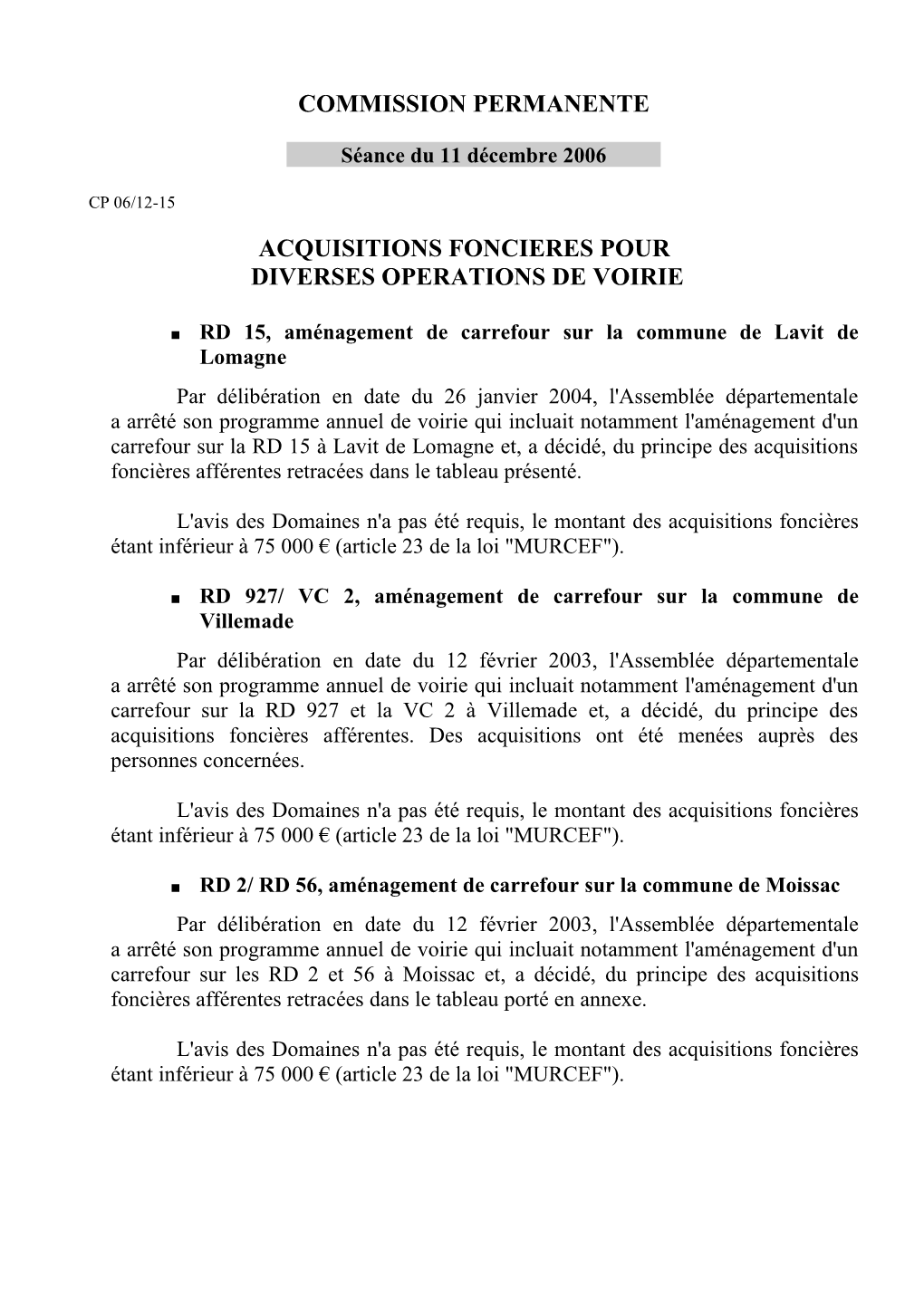 Commission Permanente Acquisitions Foncieres