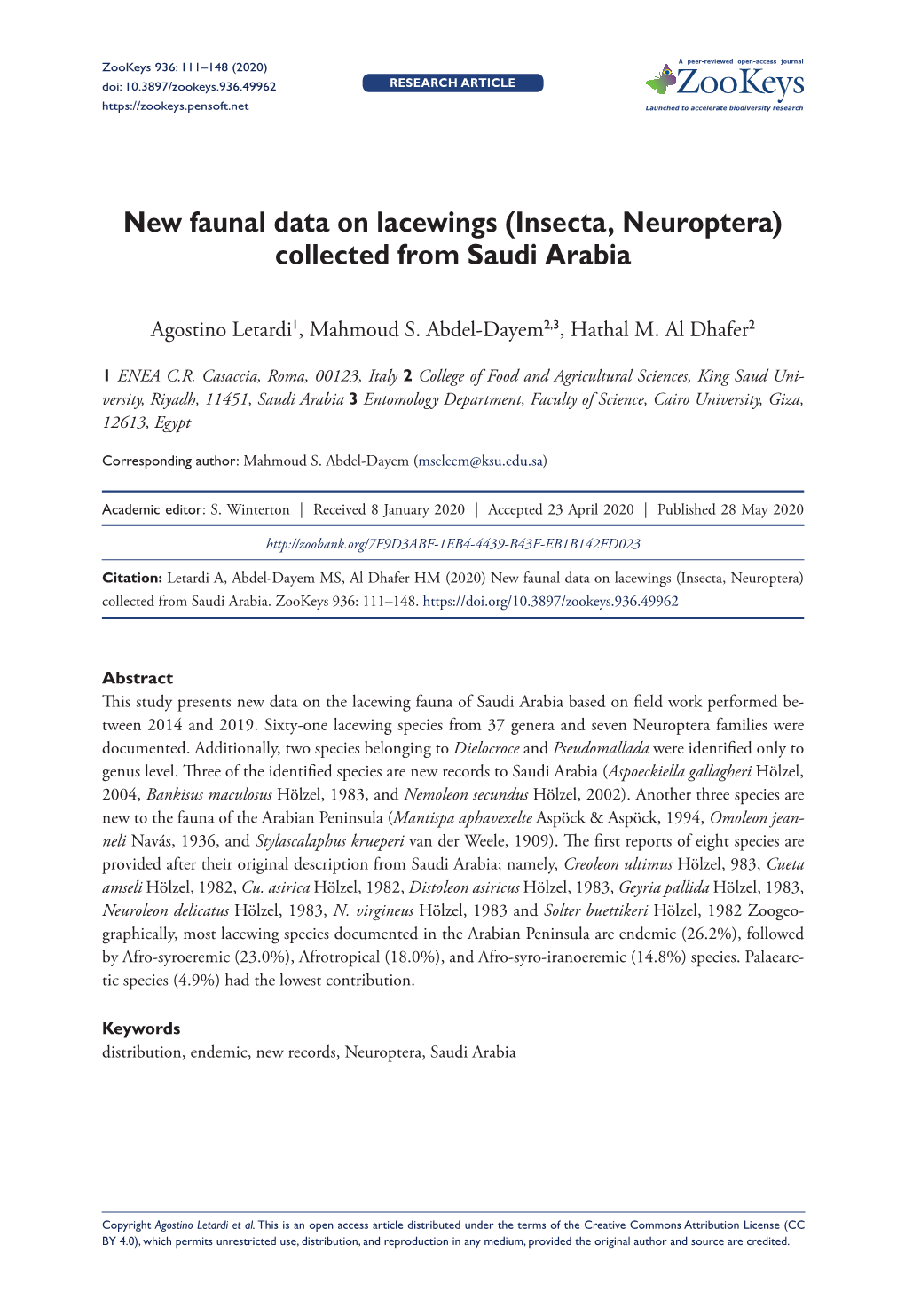 New Faunal Data on Lacewings (Insecta, Neuroptera) Collected from Saudi Arabia