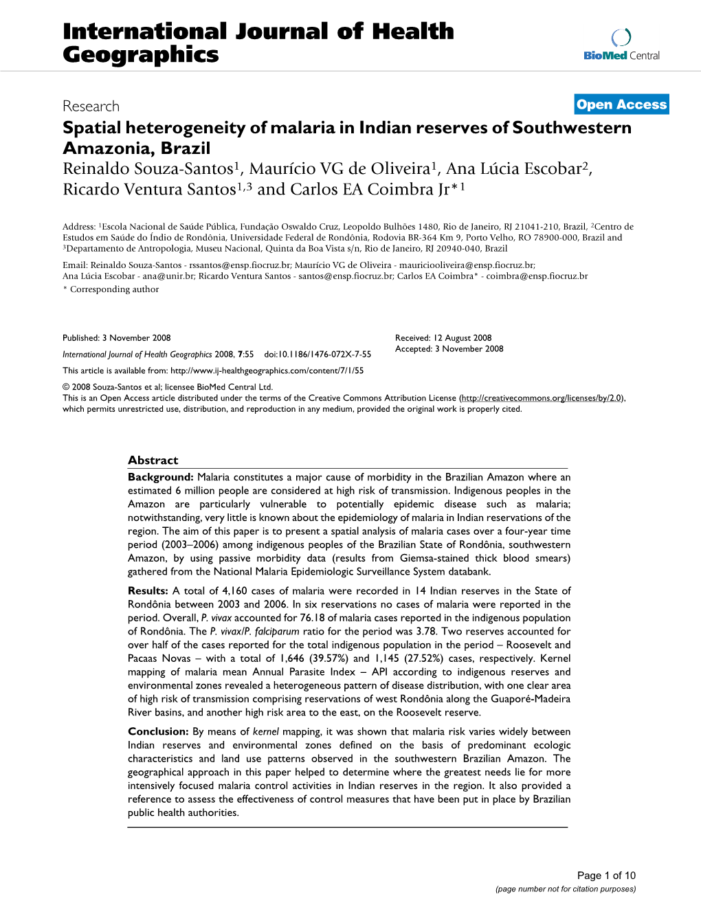 Spatial Heterogeneity of Malaria in Indian Reserves of Southwestern Amazonia, Brazil