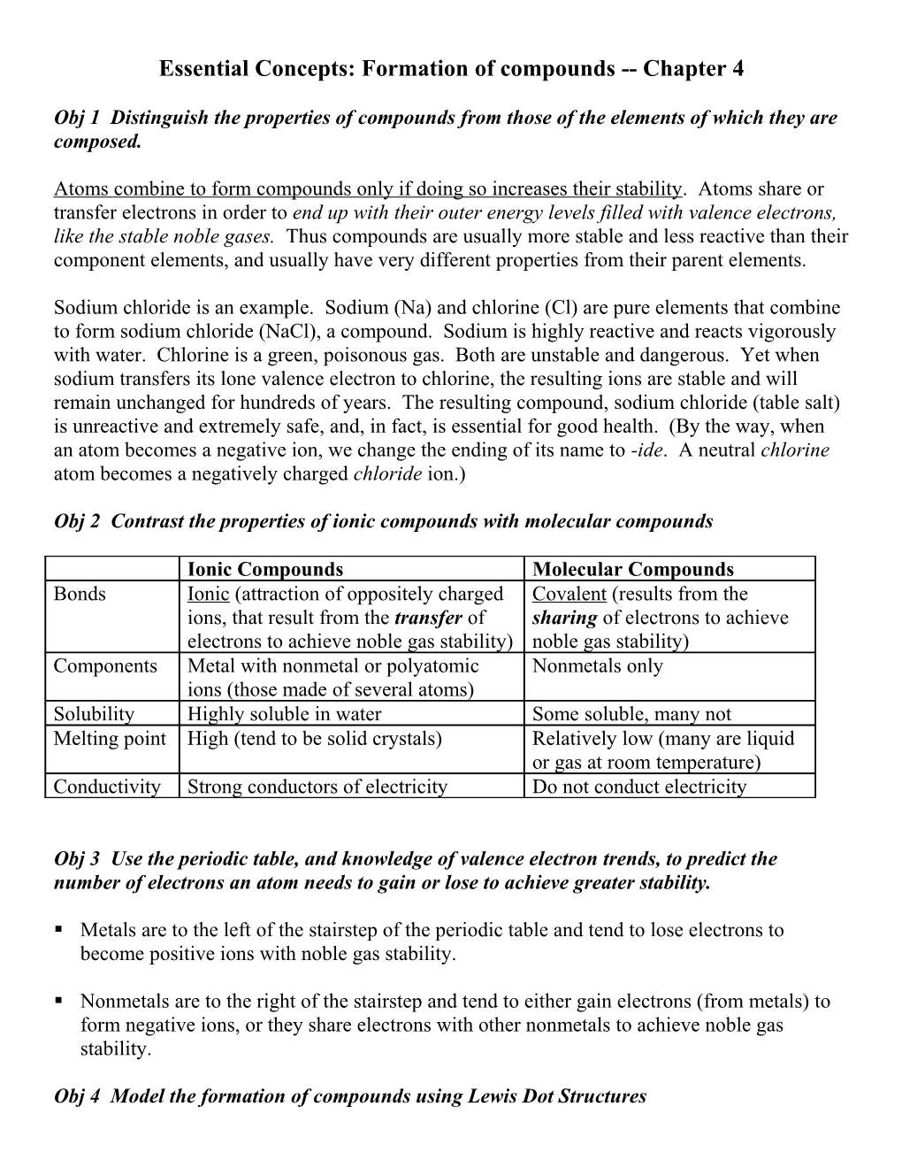 Essential Concepts: Formation of Compounds Chapter 4