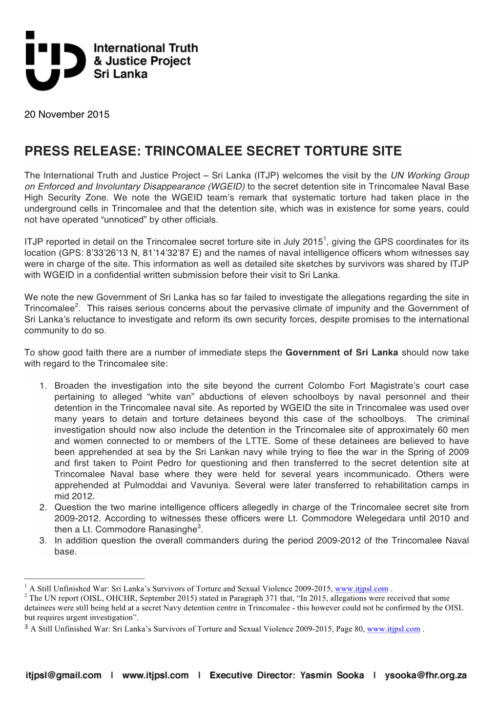 Press Release: Trincomalee Secret Torture Site