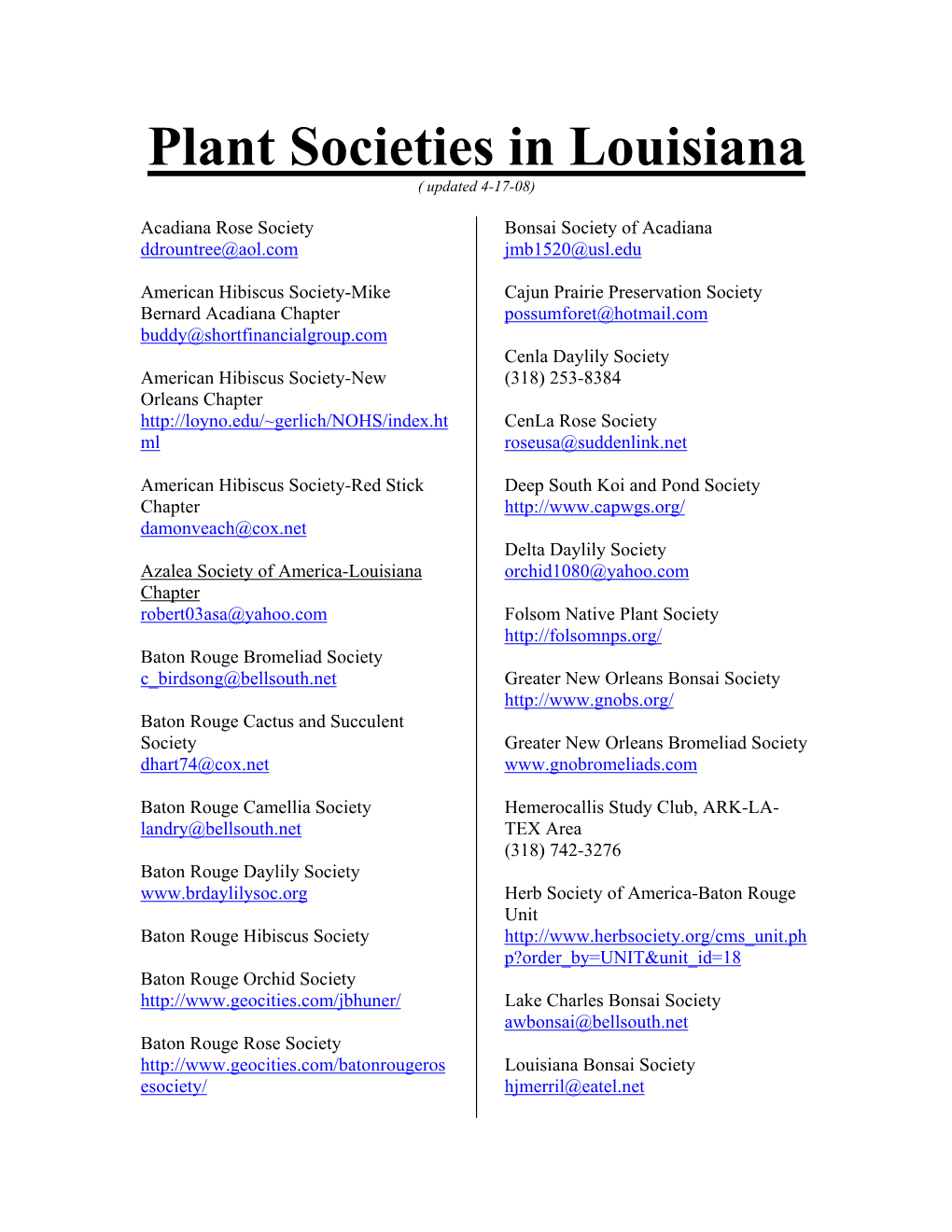 Plant Societies in Louisiana ( Updated 4-17-08)