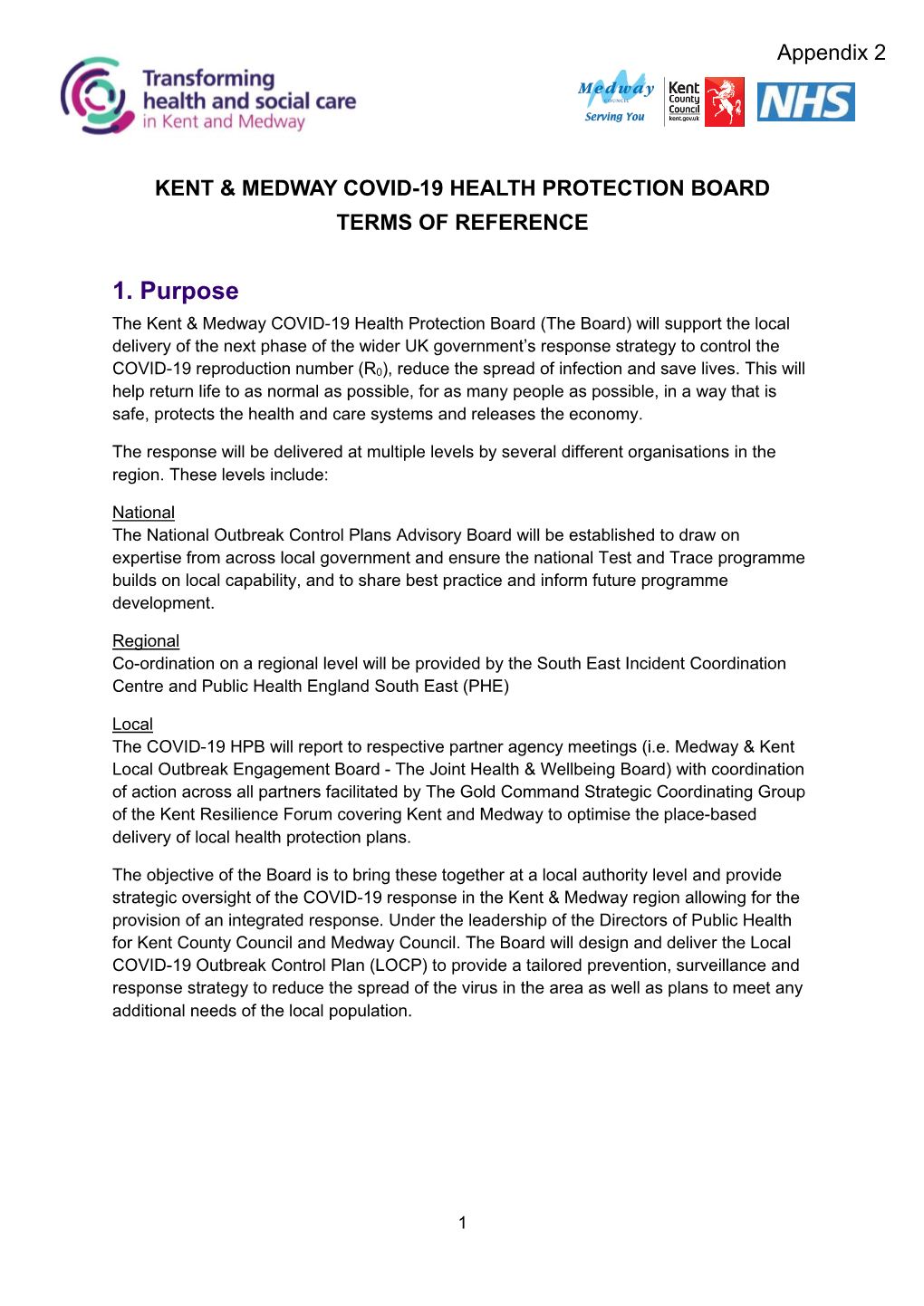 Kent & Medway Covid-19 Health Protection Board Terms of Reference