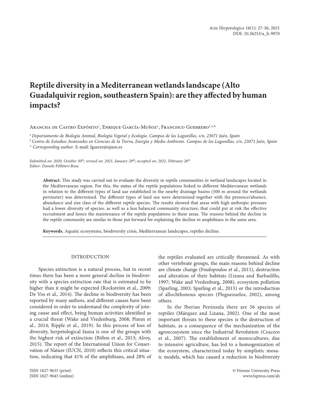 Reptile Diversity in a Mediterranean Wetlands Landscape (Alto Guadalquivir Region, Southeastern Spain): Are They Affected by Human Impacts?