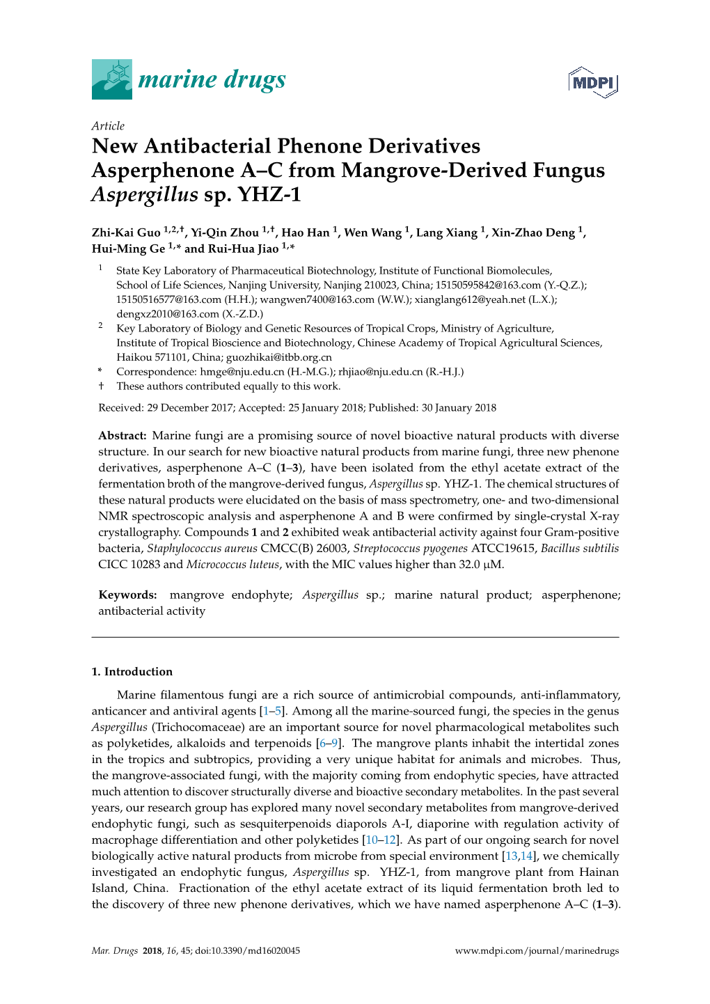 New Antibacterial Phenone Derivatives Asperphenone A–C from Mangrove-Derived Fungus Aspergillus Sp