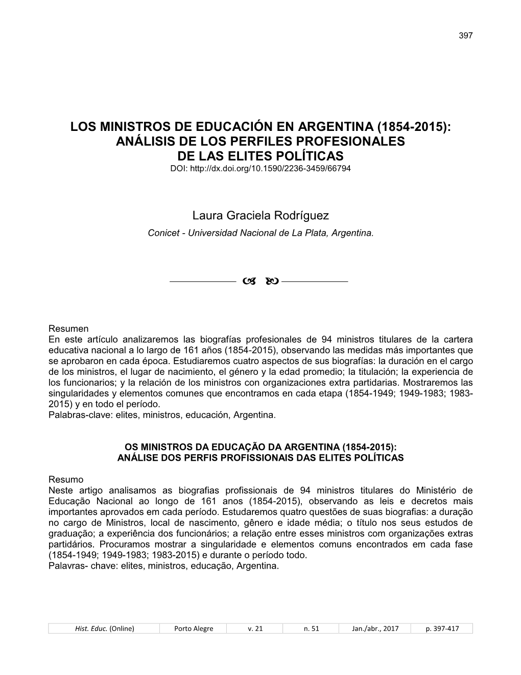 Los Ministros De Educación En Argentina (1854-2015): Análisis De Los Perfiles Profesionales De Las Elites Políticas Doi