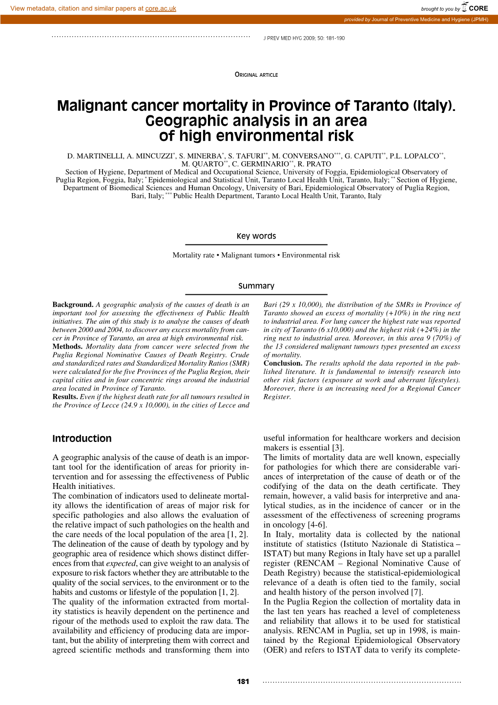 Malignant Cancer Mortality in Province of Taranto (Italy)