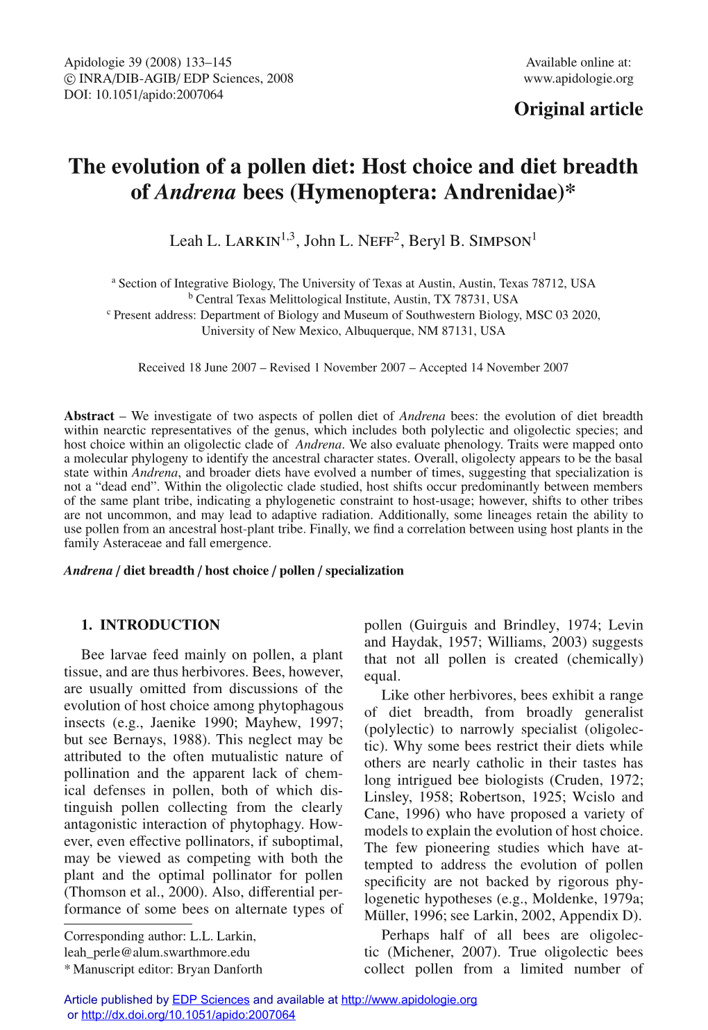 The Evolution of a Pollen Diet: Host Choice and Diet Breadth of Andrena Bees (Hymenoptera: Andrenidae)*