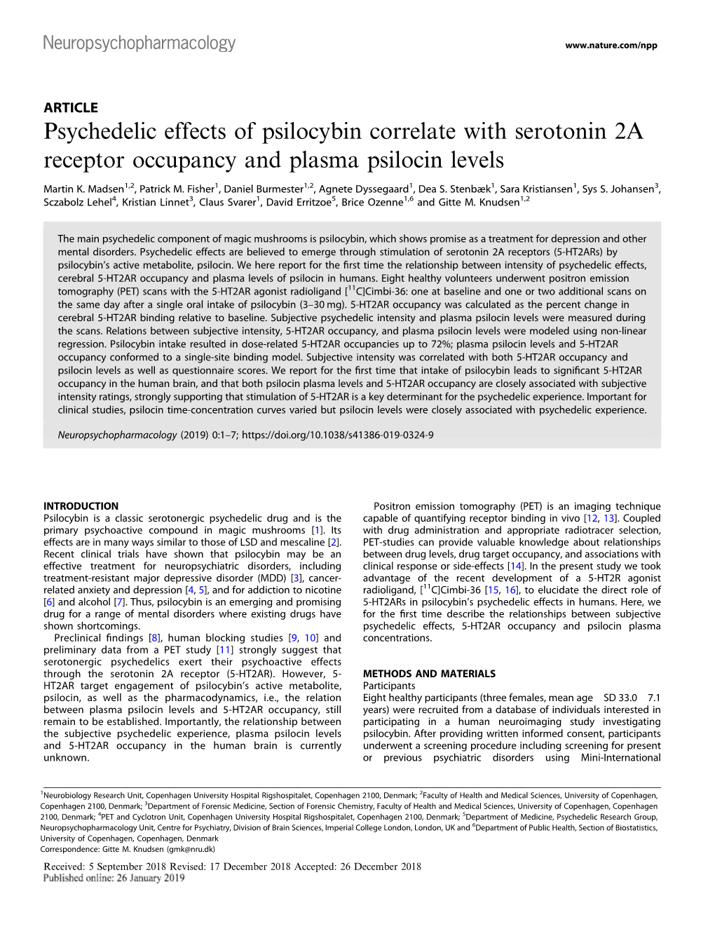 Psychedelic Effects of Psilocybin Correlate with Serotonin 2A Receptor Occupancy and Plasma Psilocin Levels