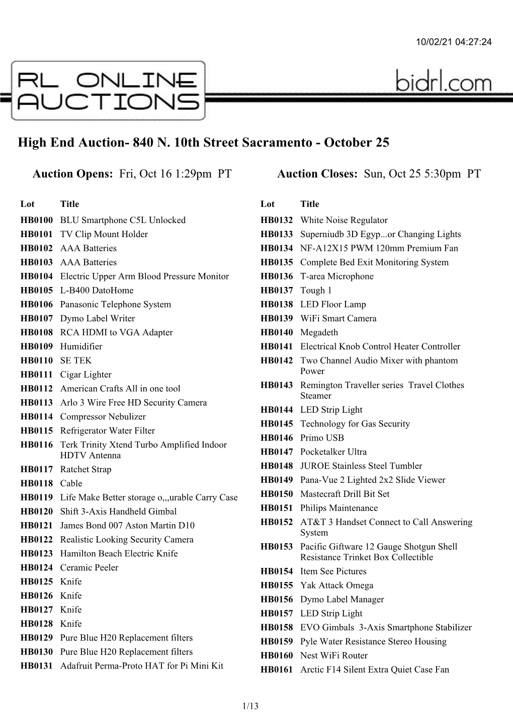 High End Auction- 840 N. 10Th Street Sacramento - October 25