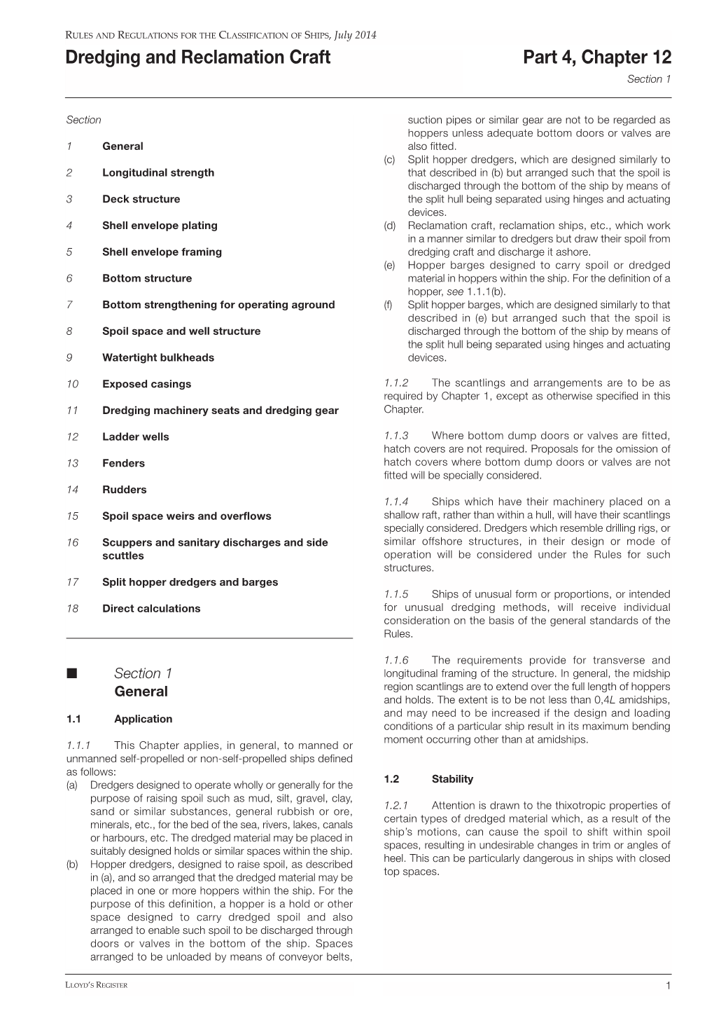 Dredging and Reclamation Craft Part 4, Chapter 12 Section 1