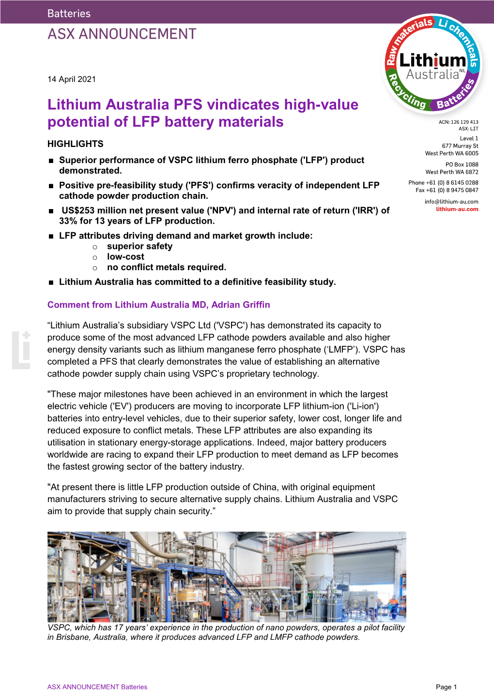 Lithium Australia PFS Vindicates High-Value Potential of LFP Battery