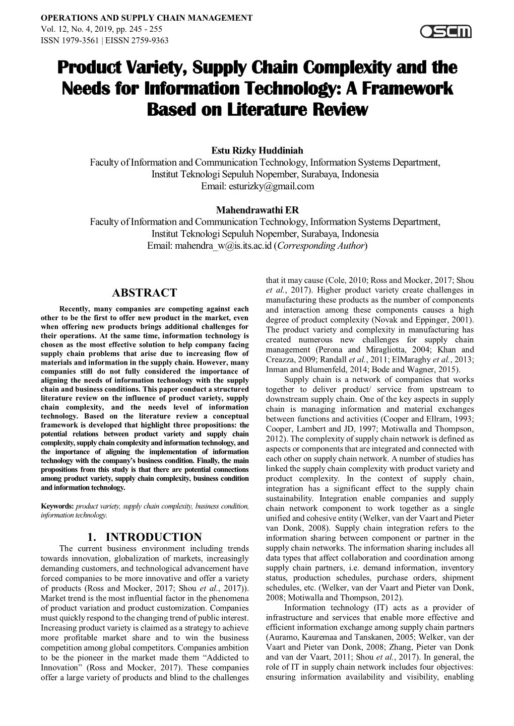 Product Variety, Supply Chain Complexity and the Needs for Information Technology: a Framework Based on Literature Review