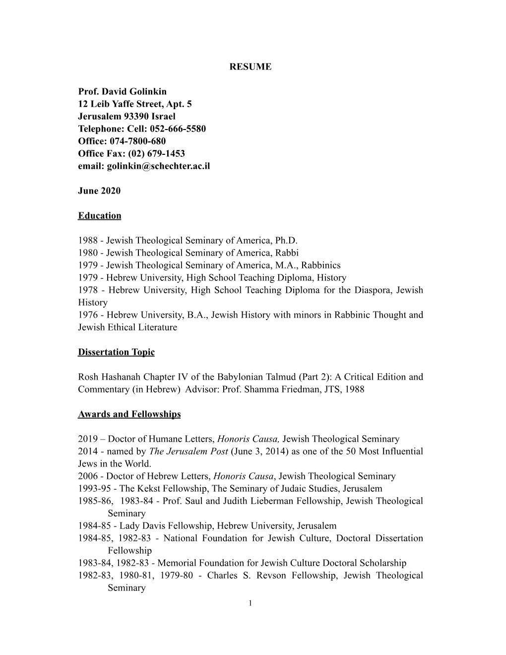 Download Rabbi Prof. David Golinkin's CV