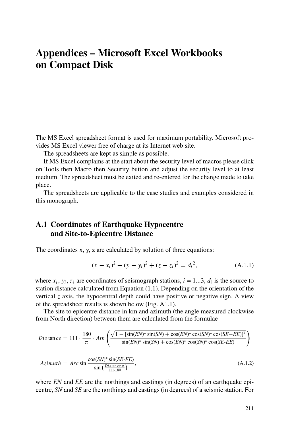 Appendices – Microsoft Excel Workbooks on Compact Disk