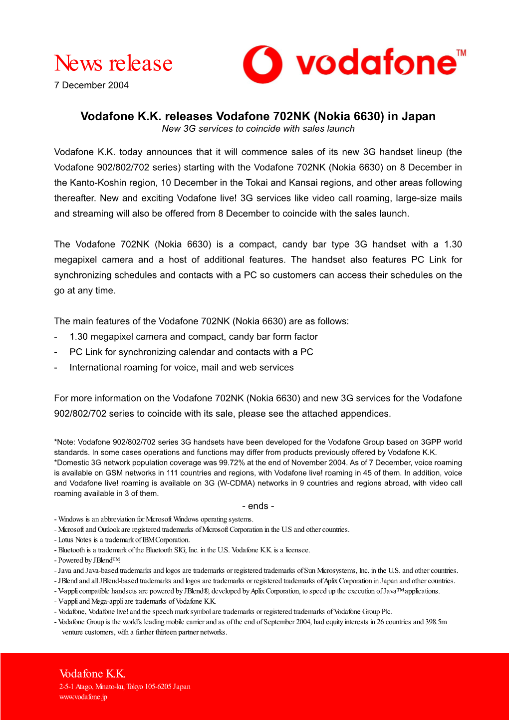 Vodafone KK Releases Vodafone 702NK (Nokia 6630) in Japan