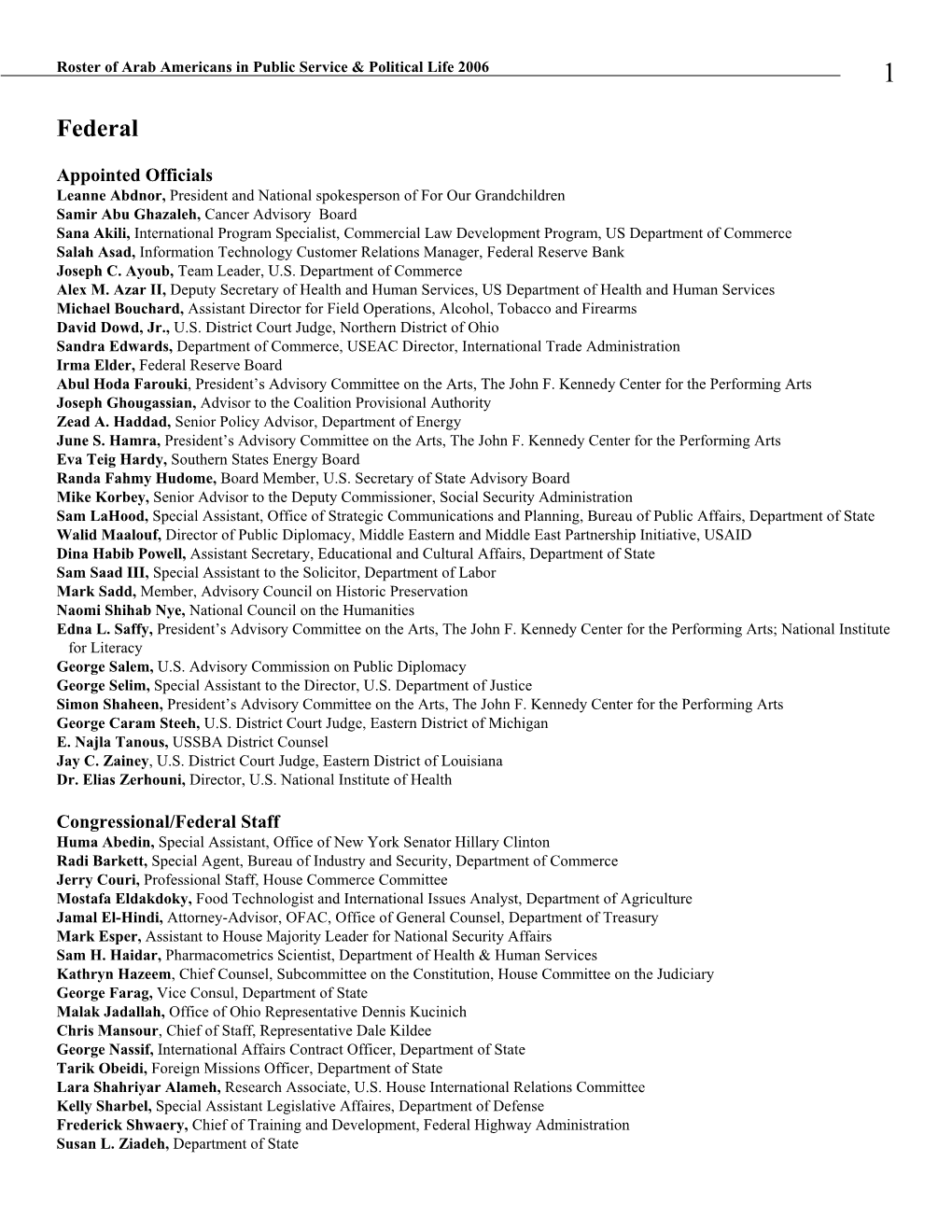 2006 Roster of Arab Americans in Public Service