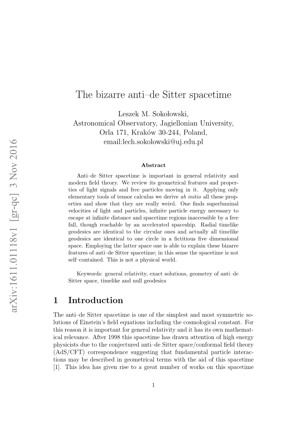 The Bizarre Anti–De Sitter Spacetime Arxiv:1611.01118V1 [Gr-Qc] 3 Nov