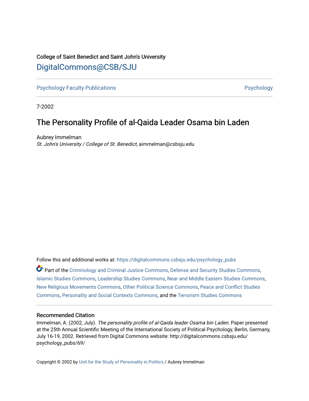 The Personality Profile of Al-Qaida Leader Osama Bin Laden