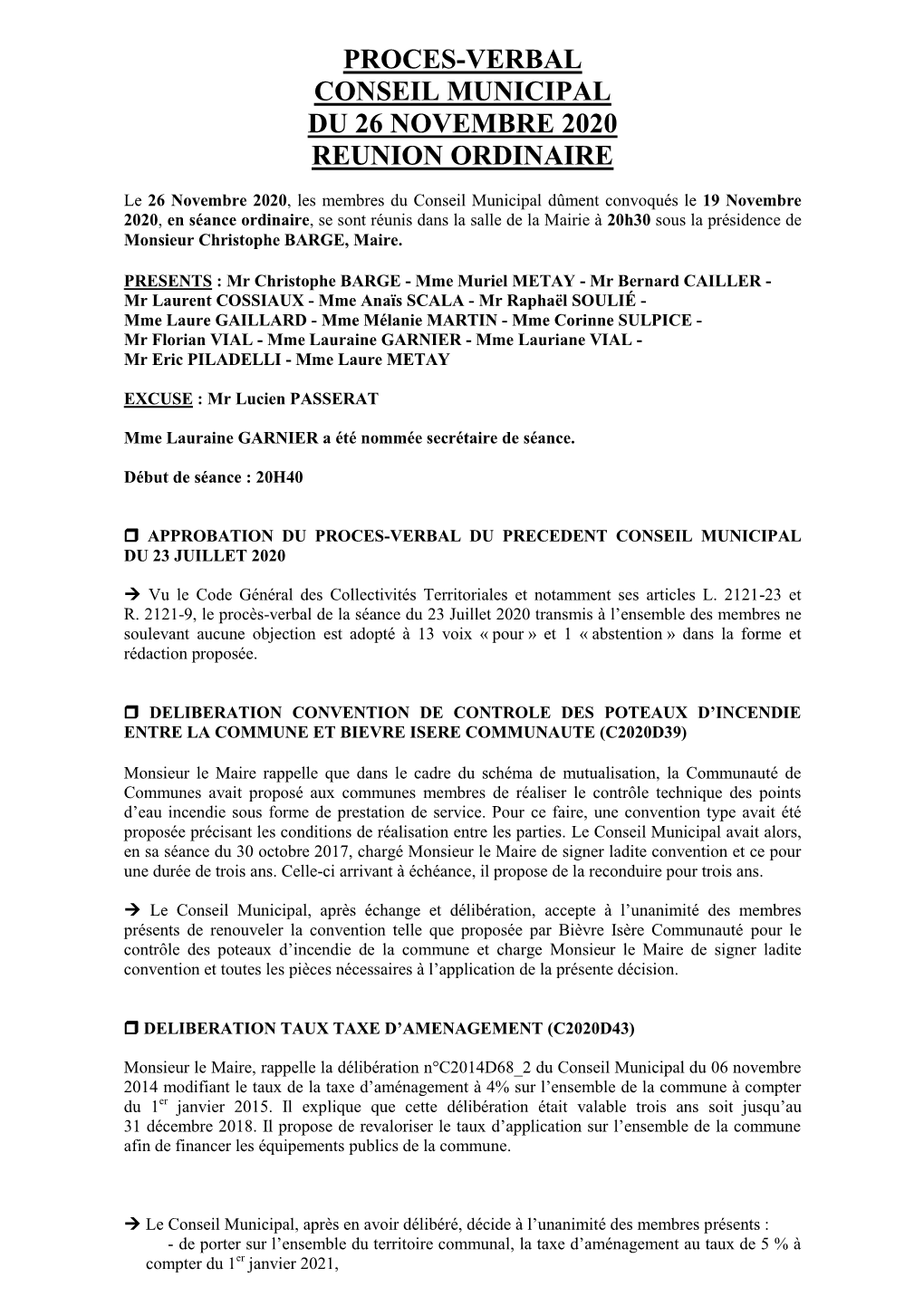 Proces-Verbal Conseil Municipal Du 26 Novembre 2020 Reunion Ordinaire