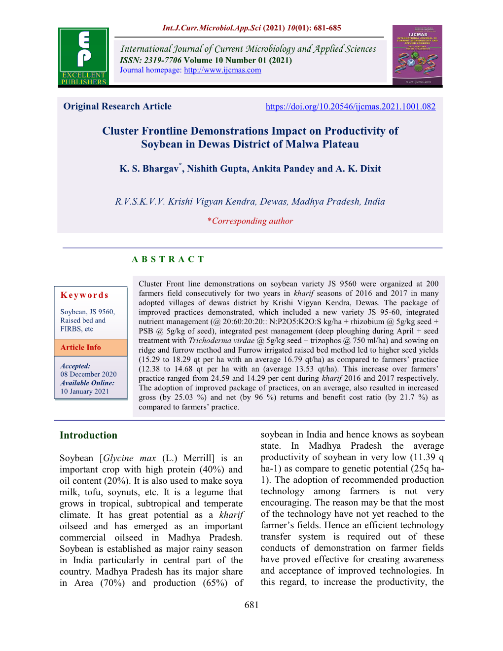 Cluster Frontline Demonstrations Impact on Productivity of Soybean in Dewas District of Malwa Plateau