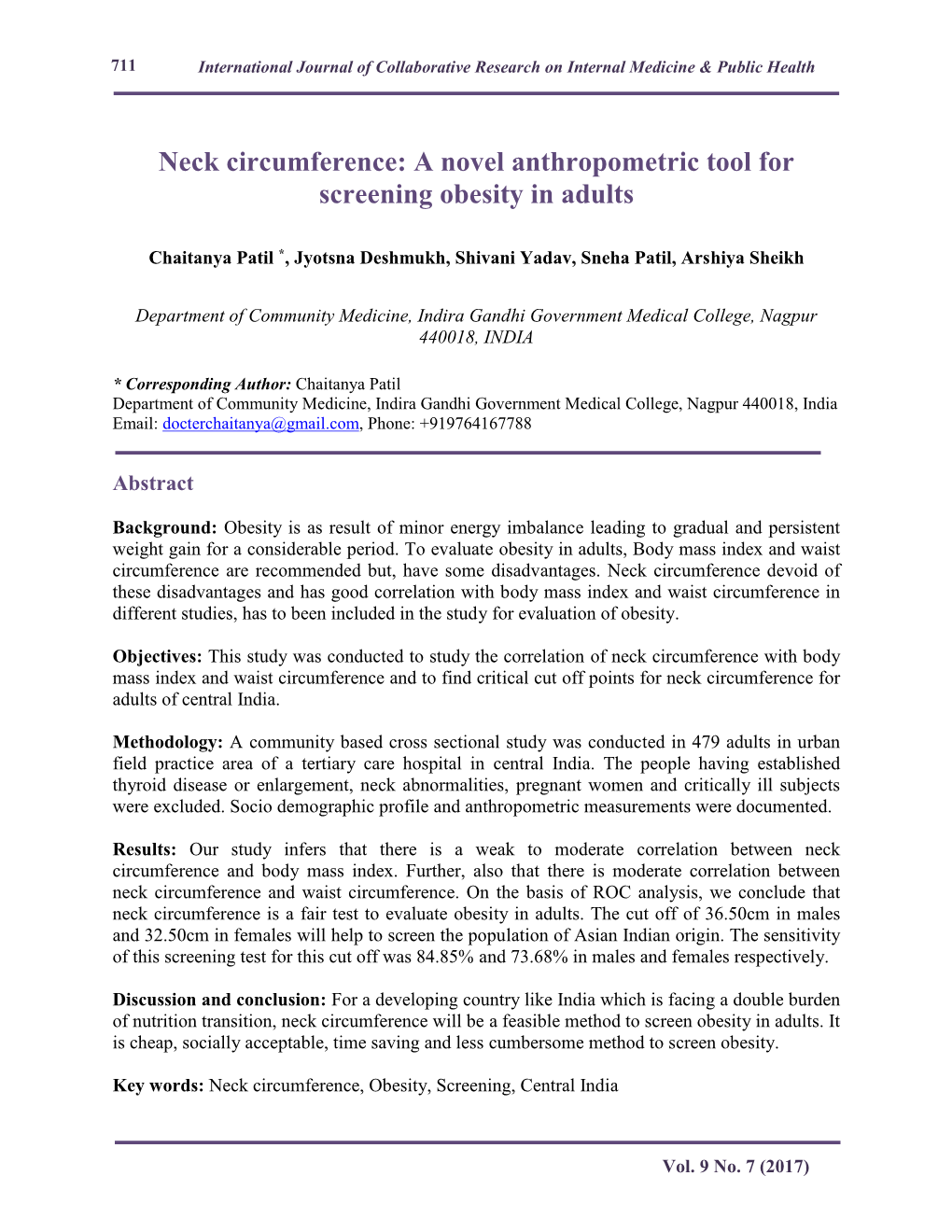 Neck Circumference: a Novel Anthropometric Tool for Screening Obesity in Adults