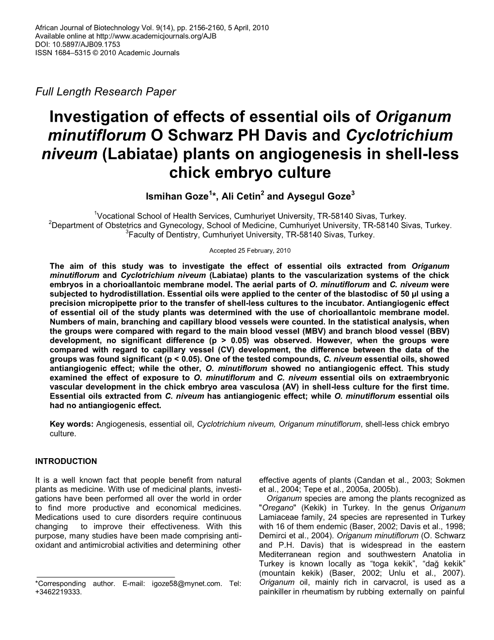 Investigation of Effects of Essential Oils Of