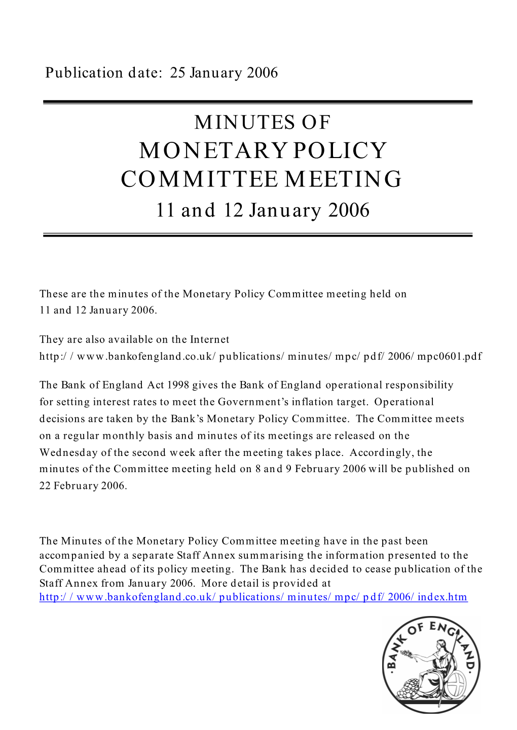 Minutes of the Monetary Policy Committee Meeting Held on 11 and 12 January 2006