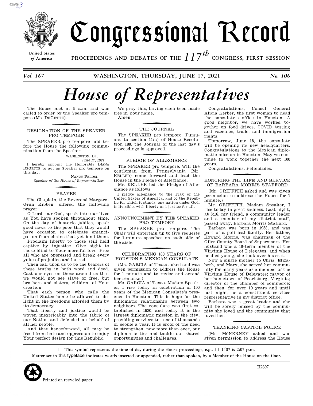 Congressional Record United States Th of America PROCEEDINGS and DEBATES of the 117 CONGRESS, FIRST SESSION