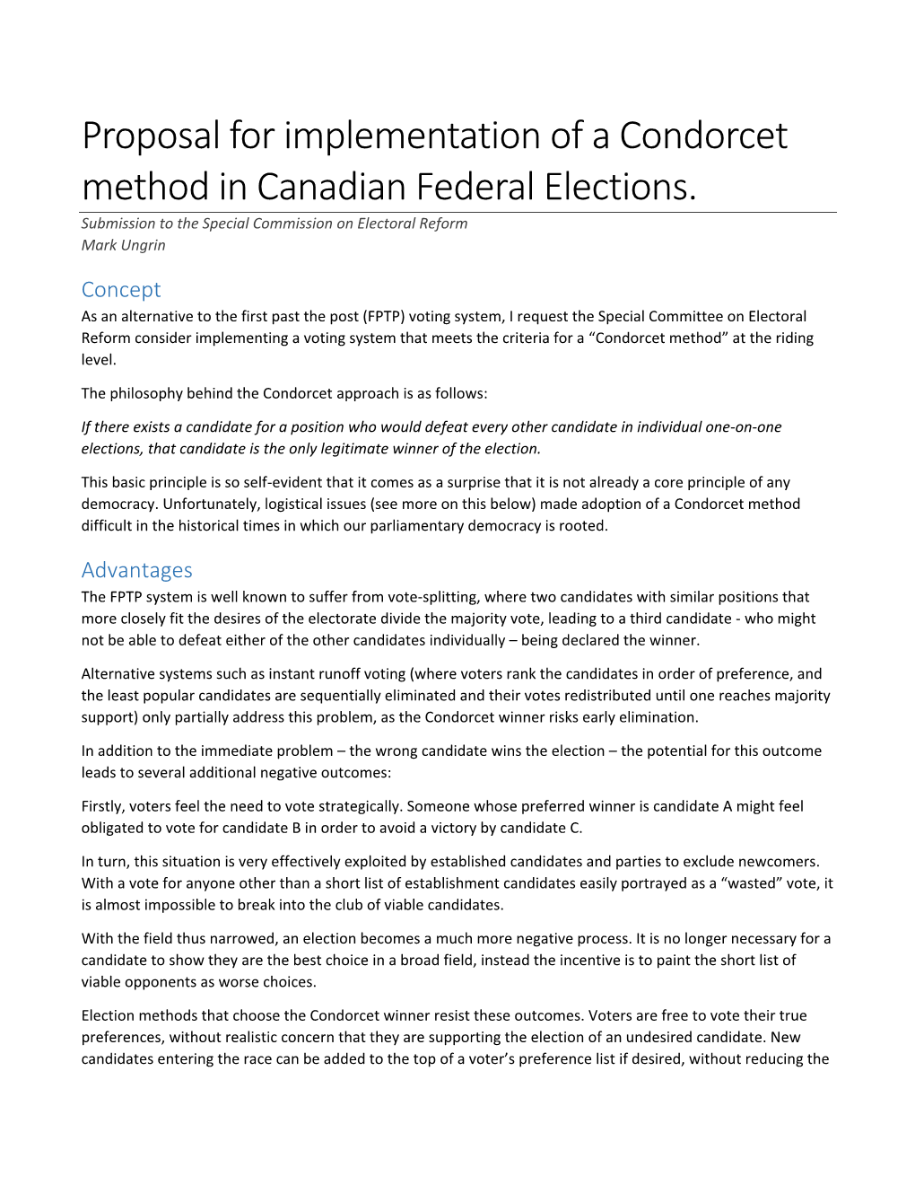 Proposal for Implementation of a Condorcet Method in Canadian Federal Elections