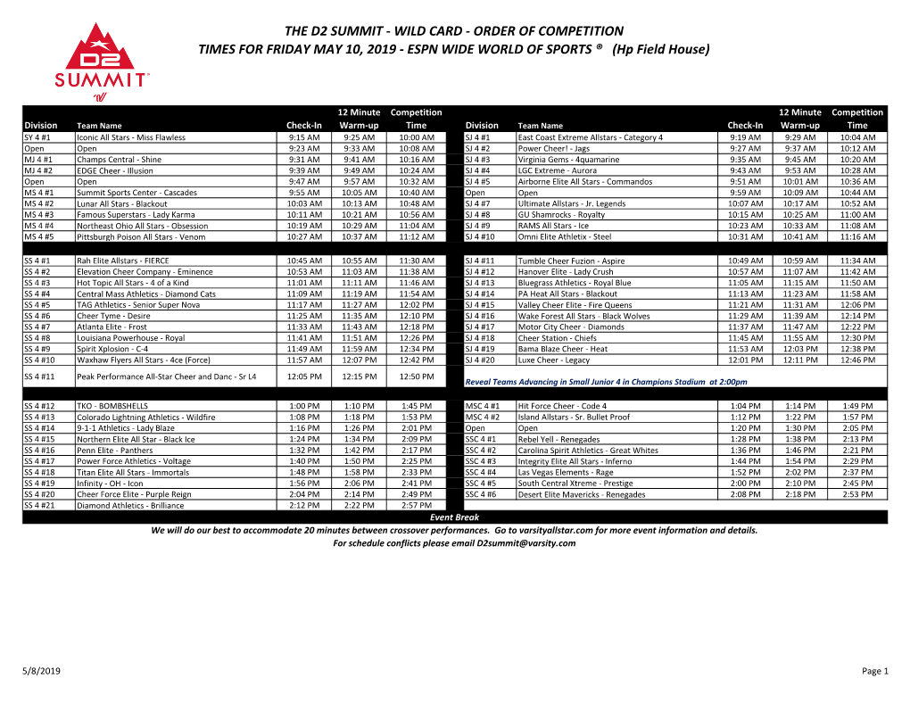 THE D2 SUMMIT - WILD CARD - ORDER of COMPETITION TIMES for FRIDAY MAY 10, 2019 - ESPN WIDE WORLD of SPORTS ® (Hp Field House)