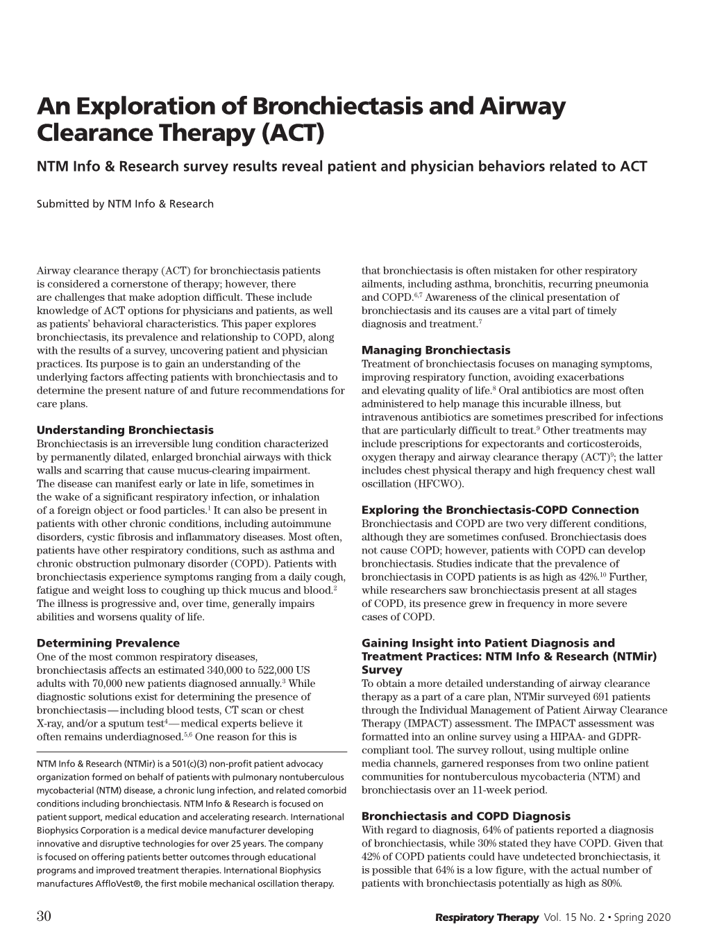 An Exploration of Bronchiectasis and Airway Clearance Therapy (ACT) NTM Info & Research Survey Results Reveal Patient and Physician Behaviors Related to ACT