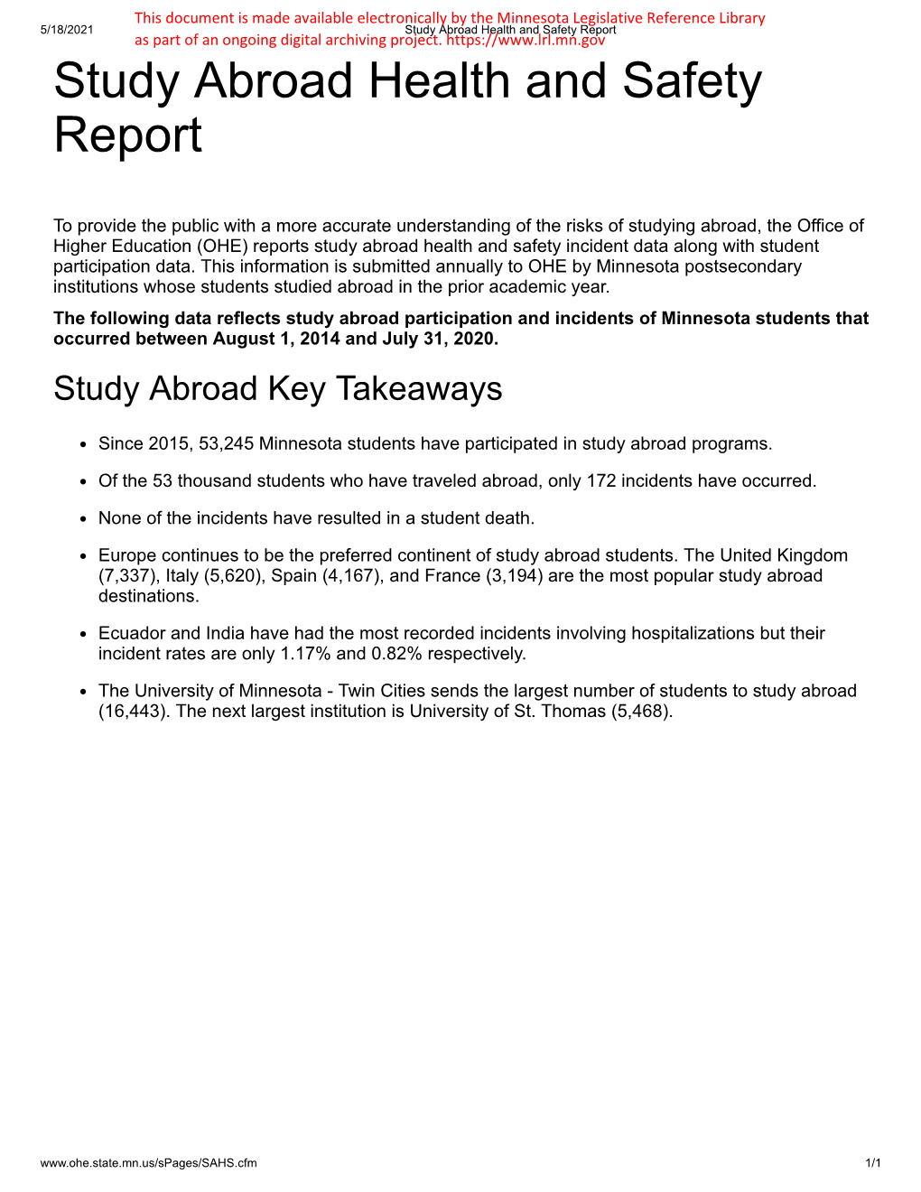 Study Abroad Participation and Incidents by Institution, 2015-2020