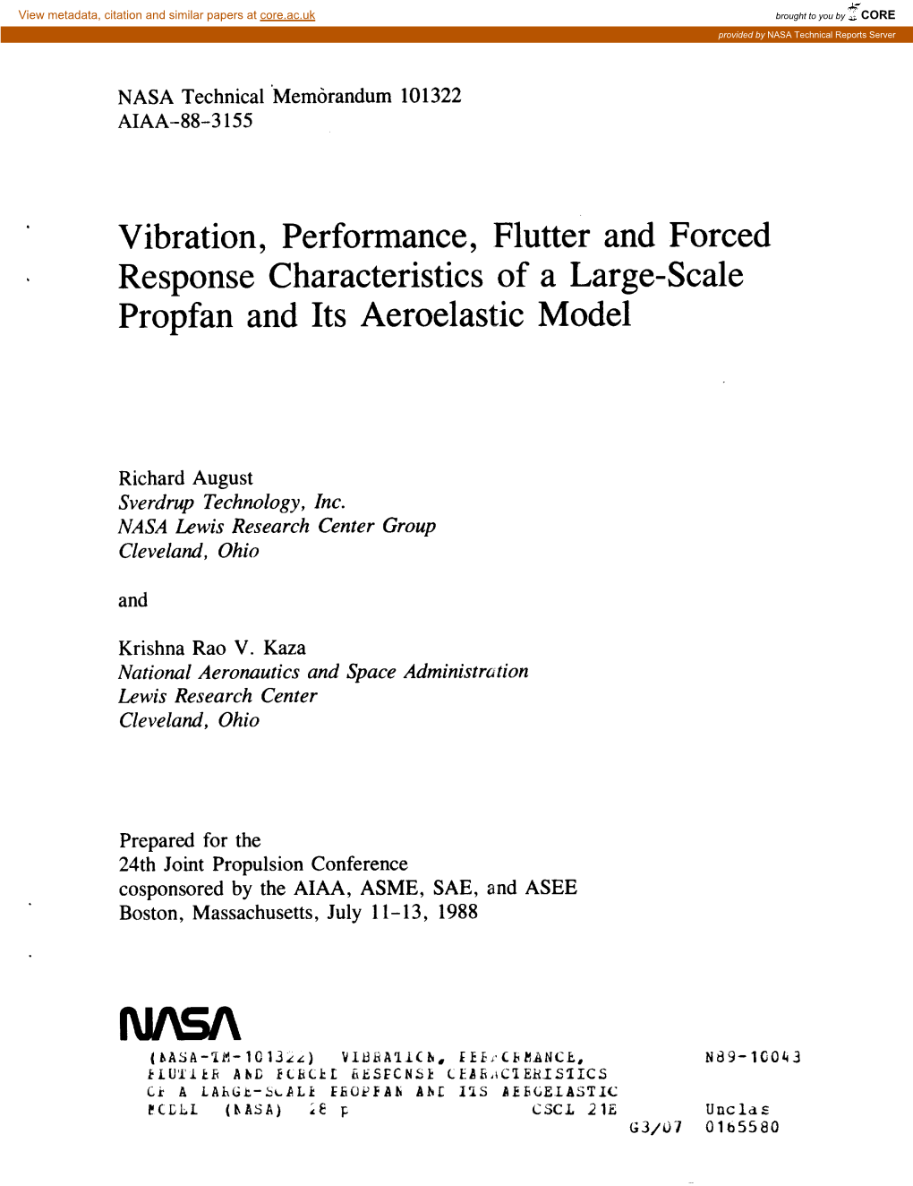 Vibration, Performance, Flutter and Forced Response Characteristics of a Large-Scale Propfan and Its Aeroelastic Model