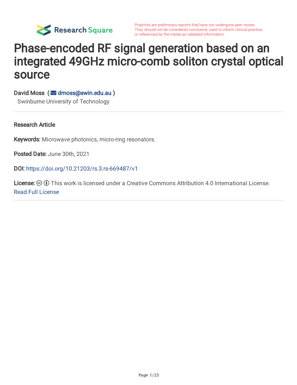 Phase-Encoded RF Signal Generation Based on an Integrated 49Ghz Micro-Comb Soliton Crystal Optical Source