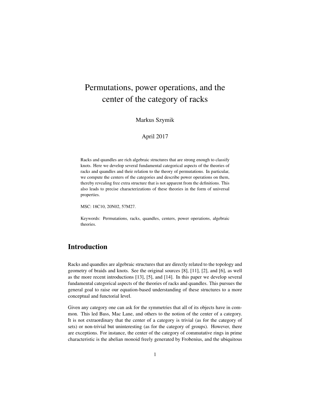 Permutations, Power Operations, and the Center of the Category of Racks
