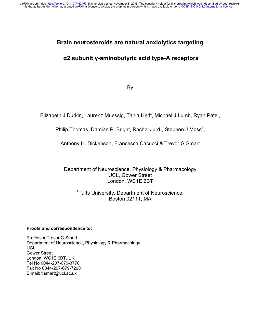 Brain Neurosteroids Are Natural Anxiolytics Targeting Α2 Subunit Γ