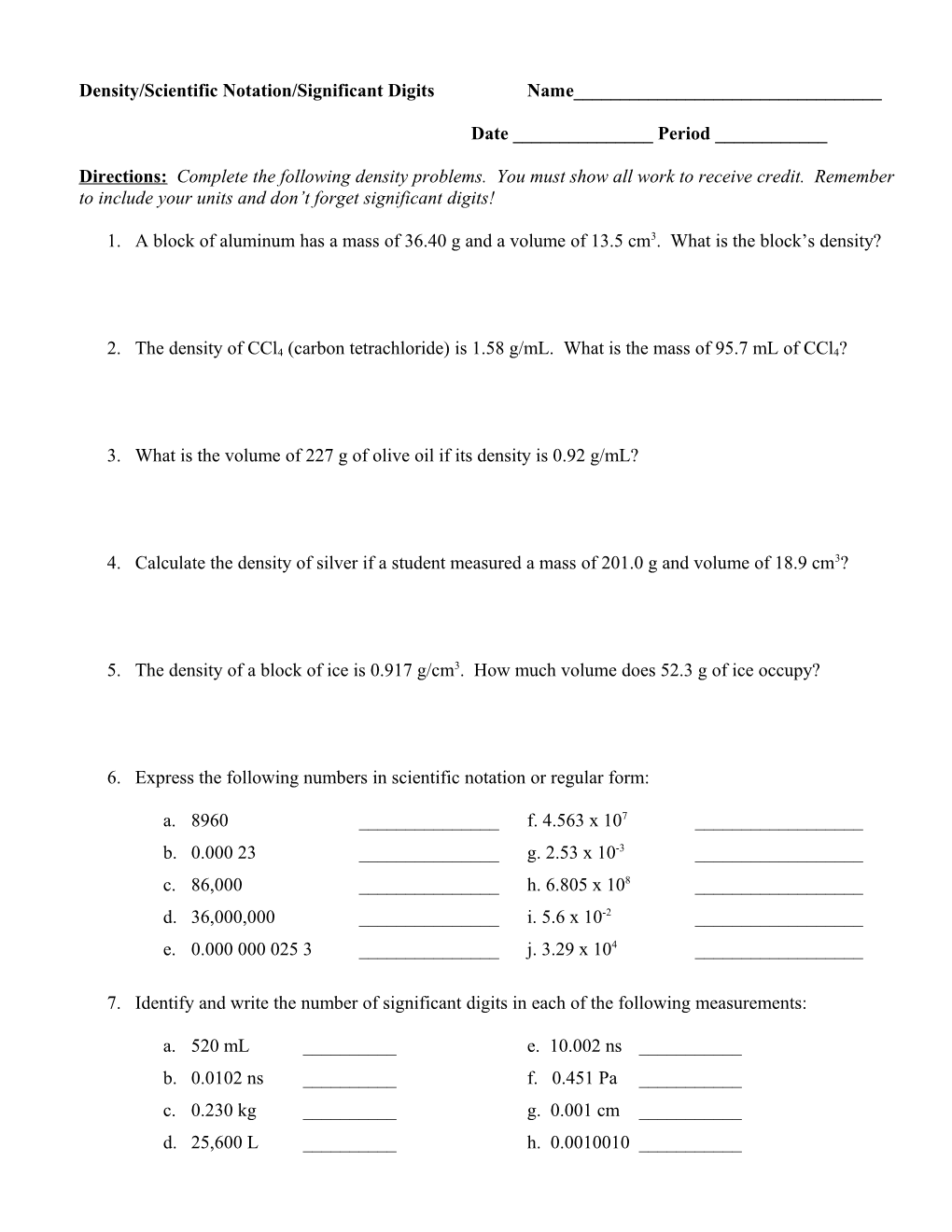 Density/Scientific Notation/Significant Digits Name______