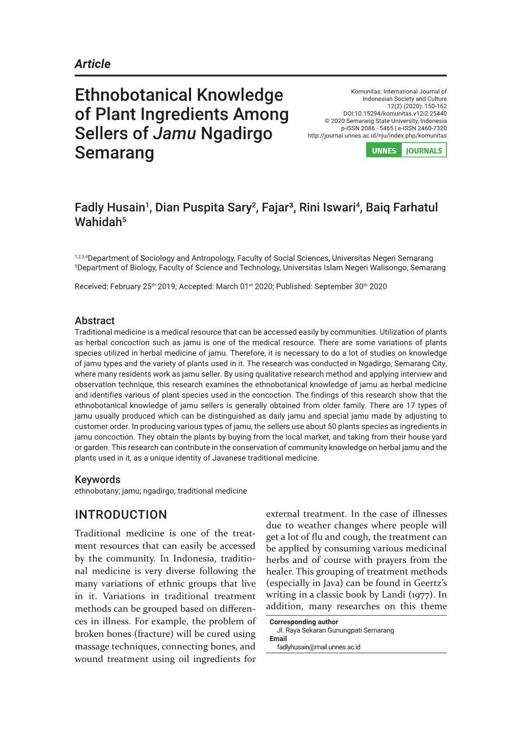 Ethnobotanical Knowledge of Plant Ingredients Among Sellers of Jamu Ngadirgo