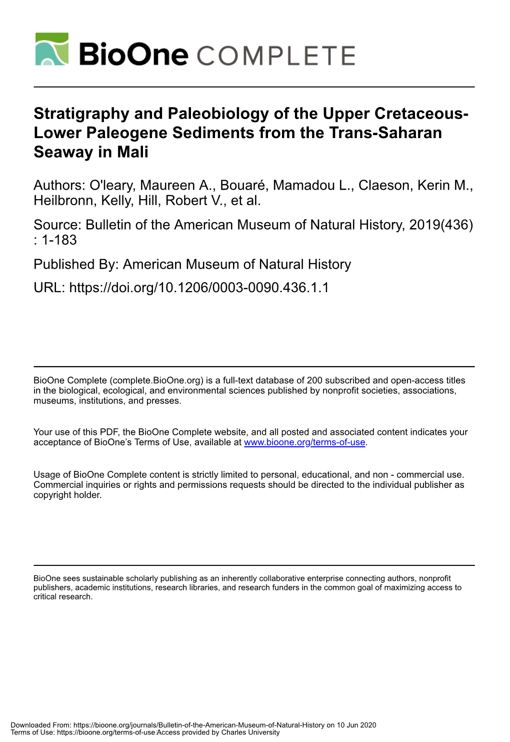 Stratigraphy and Paleobiology of the Upper Cretaceous- Lower Paleogene Sediments from the Trans-Saharan Seaway in Mali