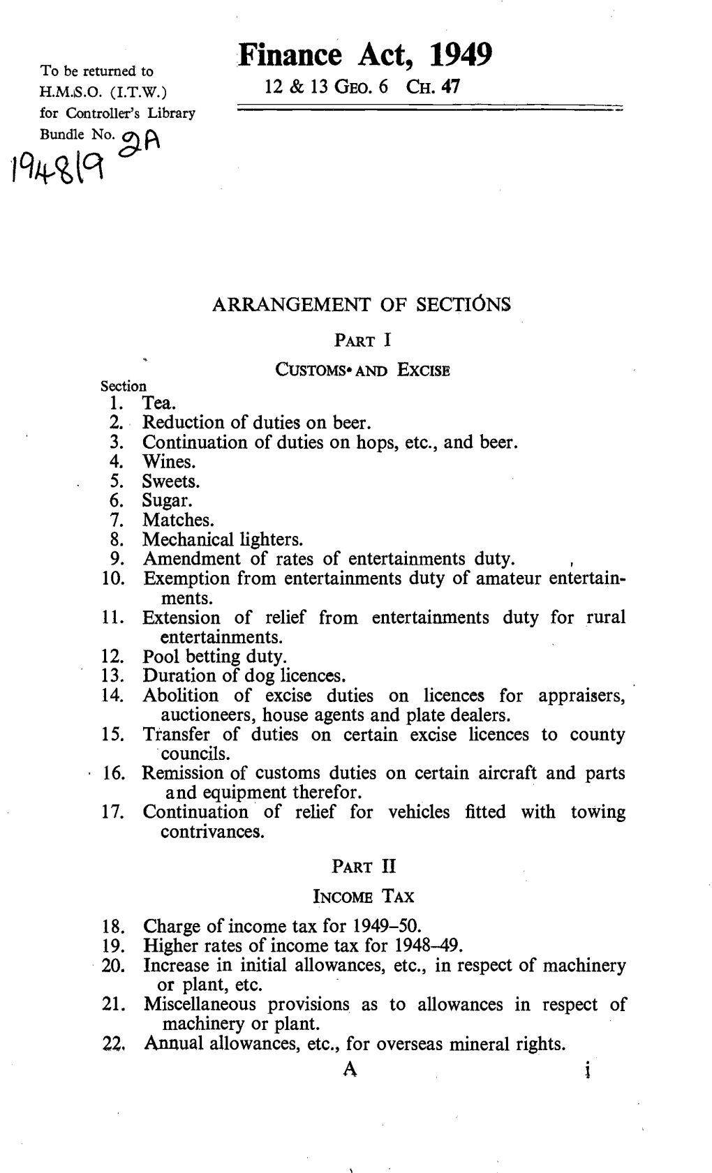 Finance Act, 1949 to Be Returned to H.M.S.O