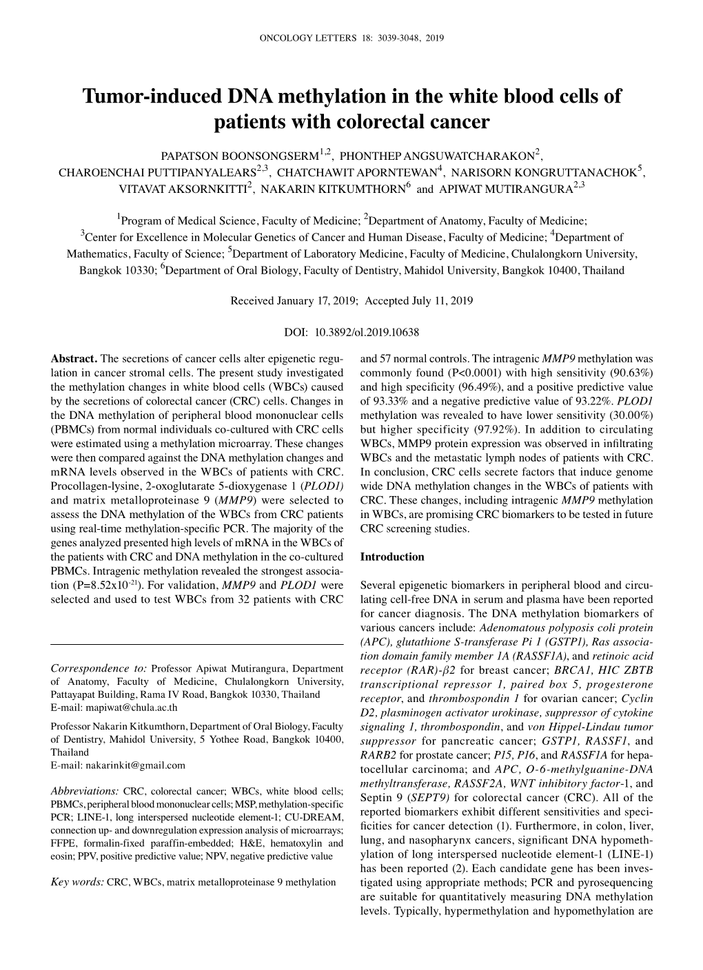 Tumor‑Induced DNA Methylation in the White Blood Cells of Patients with Colorectal Cancer